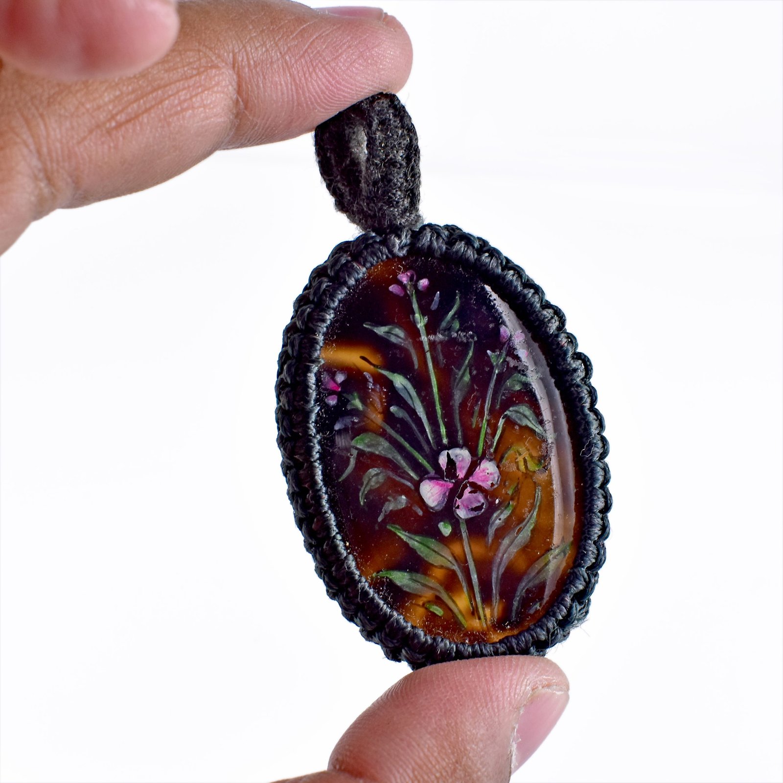 Amit Gems Macrame Black Onyx Hand Painted Pendant 2